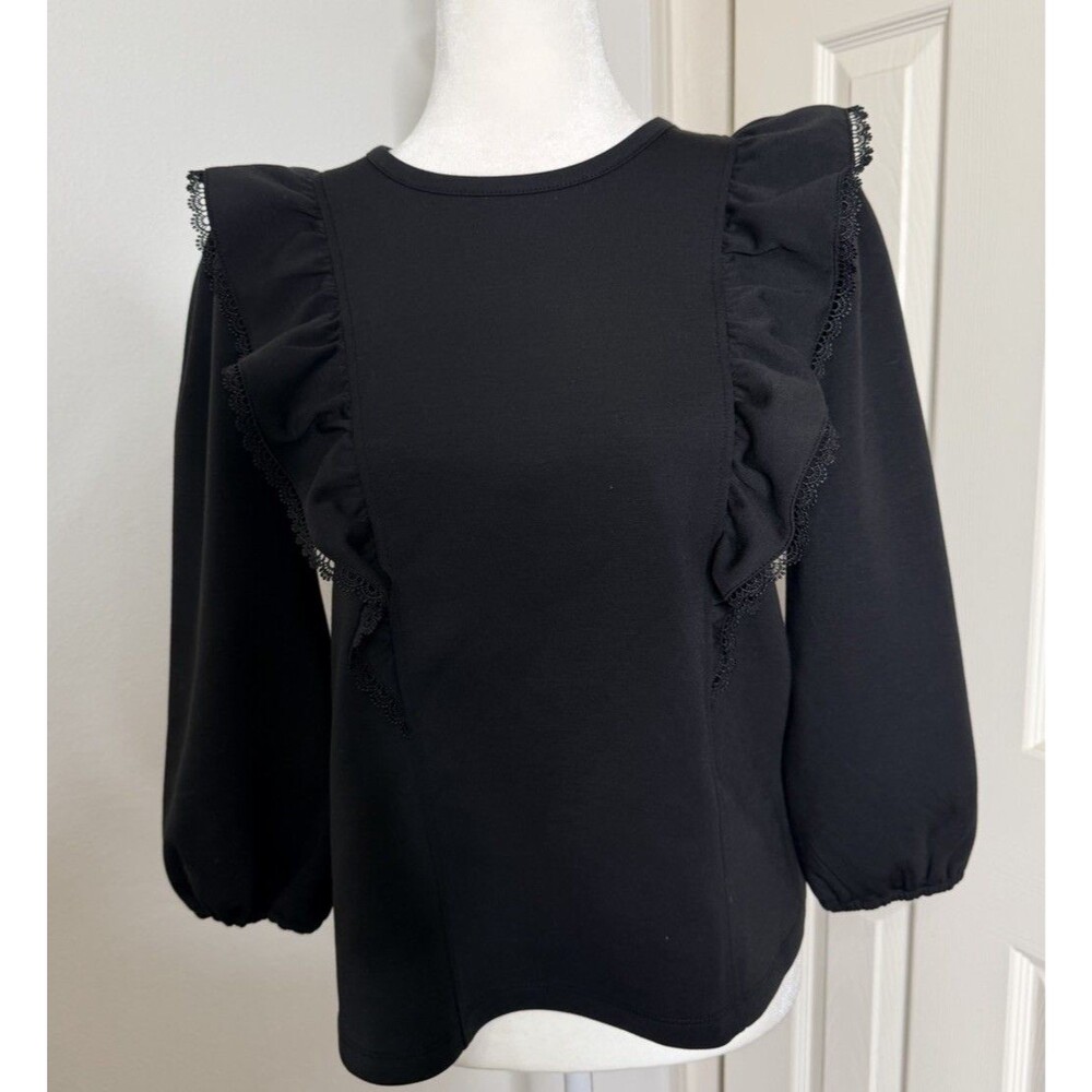 New Cupio Top Womens Size Large Black Ruffle 3/4 Sleeve Cupio Top